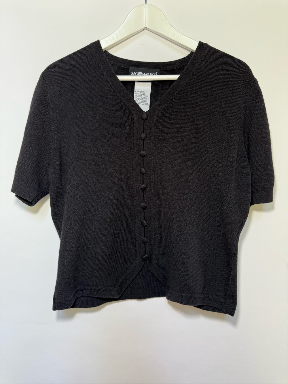 Vintage Sag Harbor Ramie and Cotton Knit Black Short Sleeve Button Top